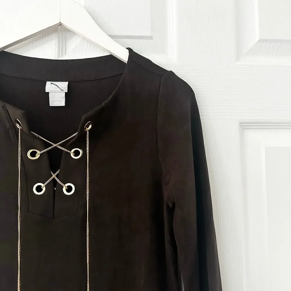 Travelers Chico's Chocolate Brown 3/4 Sleeve Slinky Tunic Top Laced Gold Chain 0 - Picture 5 of 7